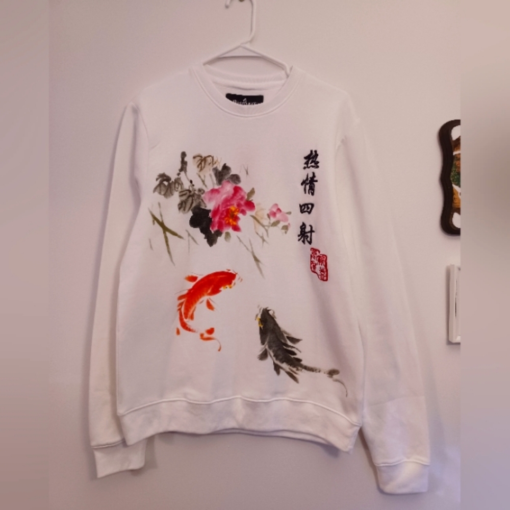 White Sweatshirt Floral Koi Fish Kanji Graphic